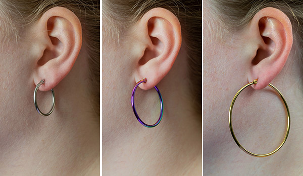 Image of hoop earrings in 3 different size and 3 different colors - gold, silver and rainbow.