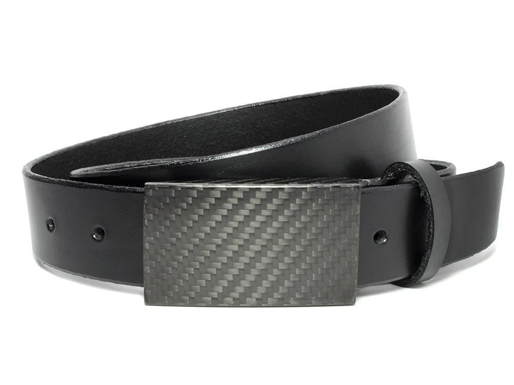 Image of CF2.0 Black Leather Belt.  Black carbon fiber buckle with black full grain leather. Nickel Free