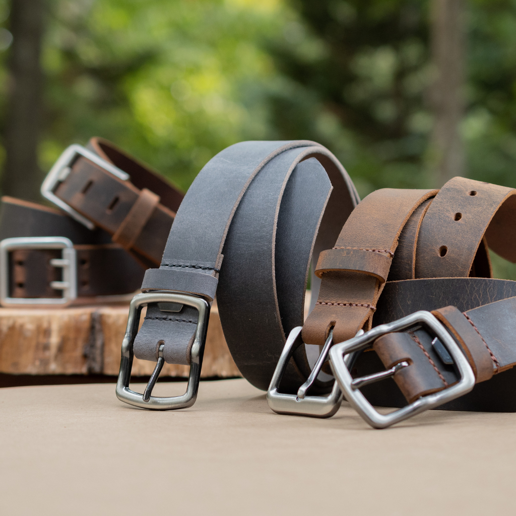 Group of brown and gray distressed leather belts. All have nickel free buckles and made in USA