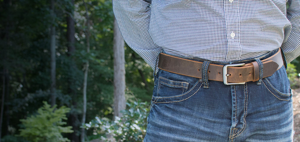 Roan Mountain Distressed Leather Belt. Brown Distressed Leather with a silver buckle 1.5 inches wide