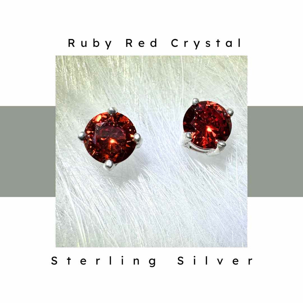 6 mm ruby red crystal stone with sterling silver post. Nickel Free and hypoallergenic. Nickel Smart.