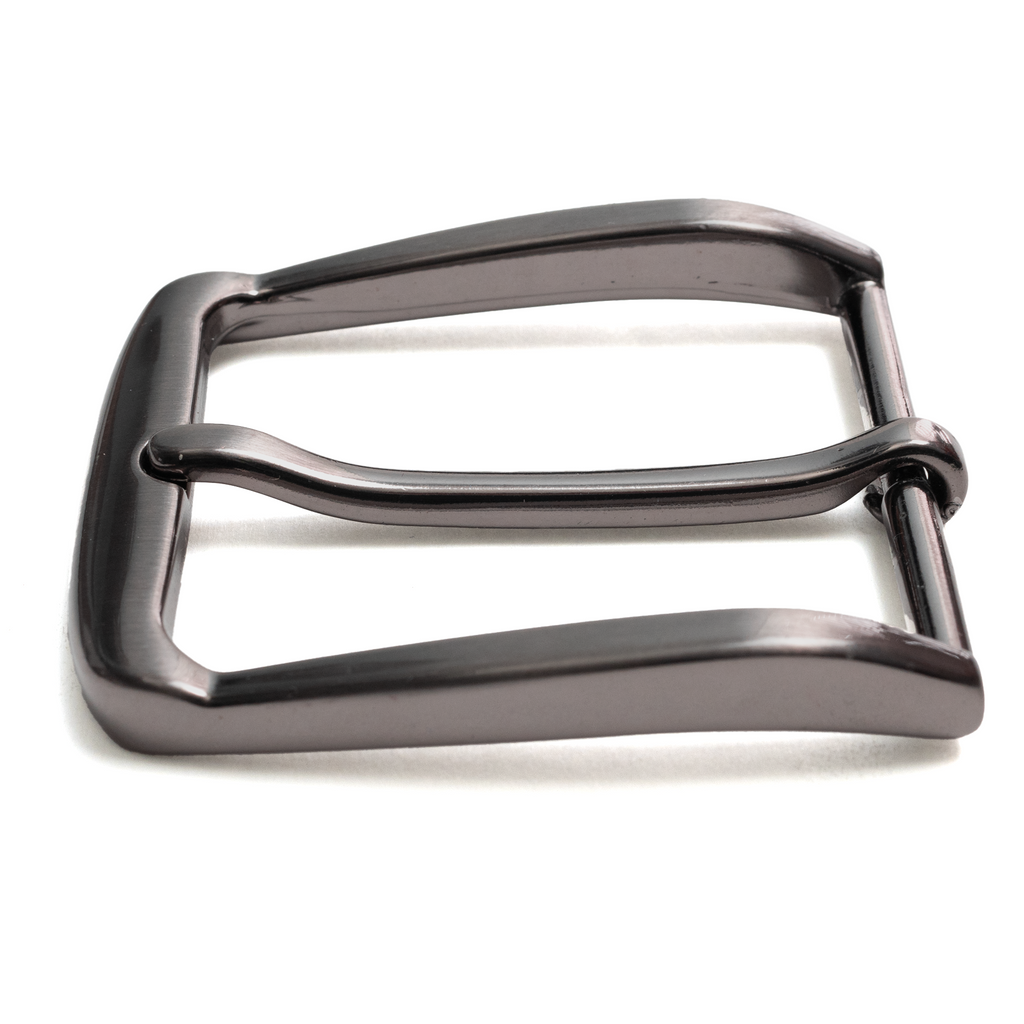 Millennial Belt Buckle. Thin curved buckle with single prong. Dark silver in color.