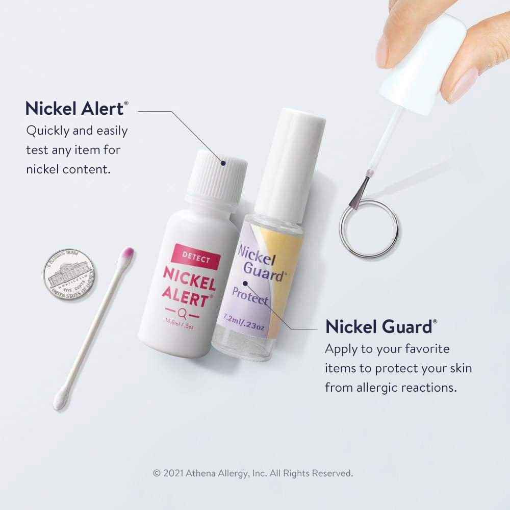 Nickel Alert and Nickel Guard Graphic. Nickel Alert tests for nickel in metal. Nickel Guard is a clear coating to protect from contact with nickel.