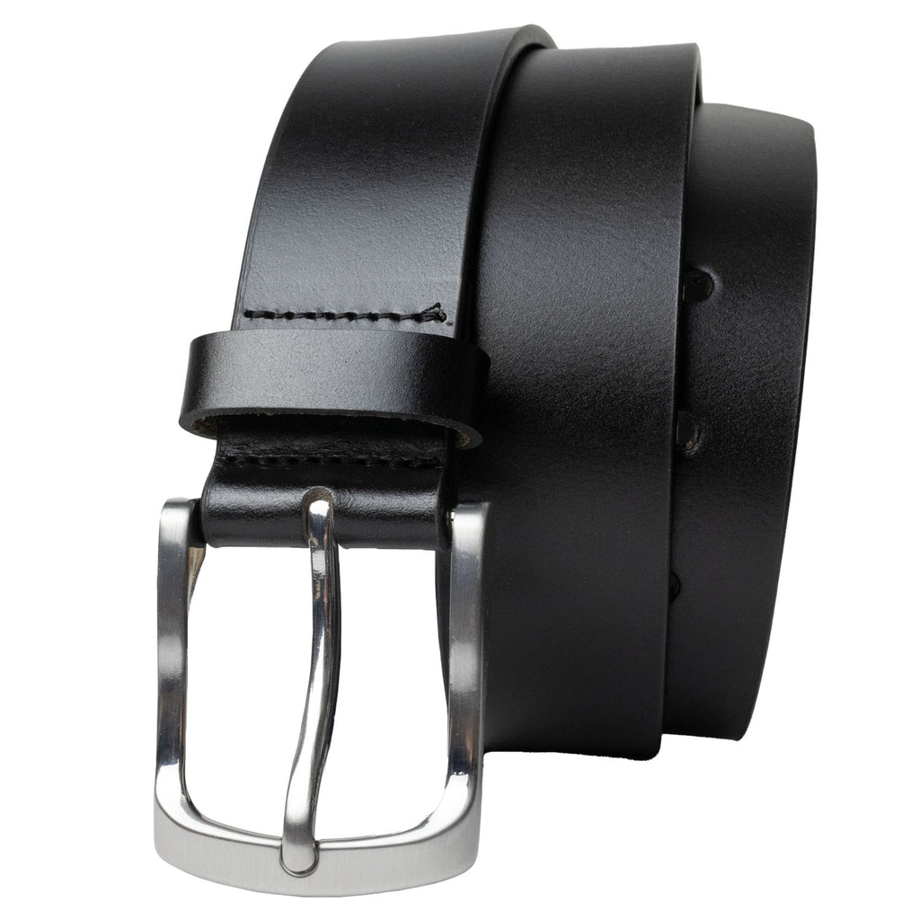 Urbanite Black Leather Belt. Solid black leather strap. Curved hypoallergenic buckle.