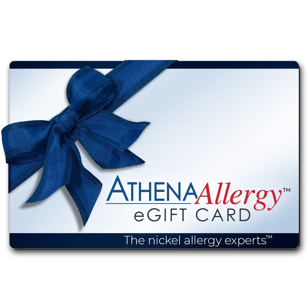 Athena Allergy eGift Card. Gift card with blue bow, from the Nickel Allergy experts.
