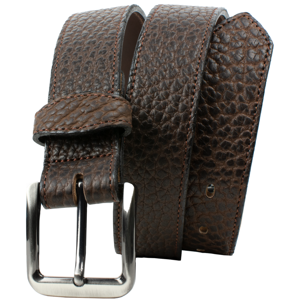 Austin Brown Bison Leather Belt. Gunmetal gray zinc alloy casual buckle sewn directly to strap.