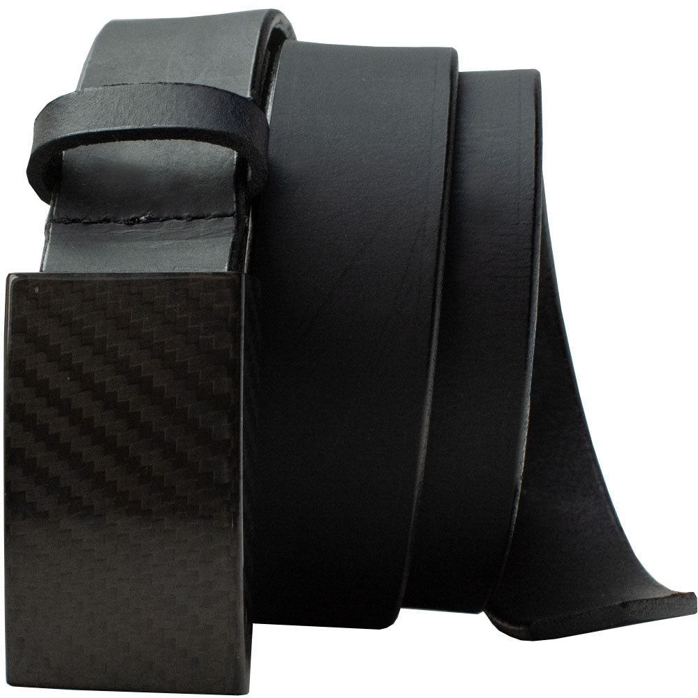CF 2.0 Belt By Nickel Smart. Black carbon fiber hook buckle sewn to black full grain leather strap.