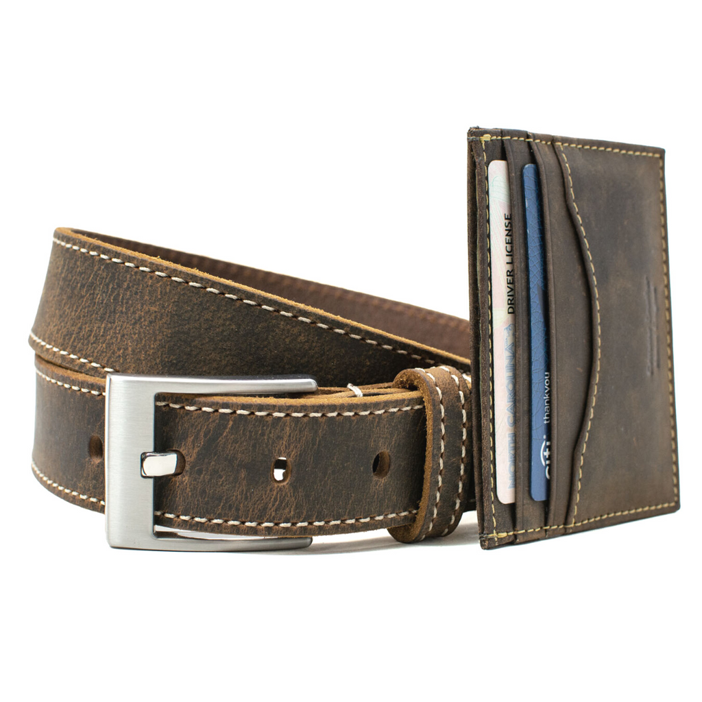 Caraway Mountain (Stitched) Leather Belt & Wallet Set by Nickel Smart