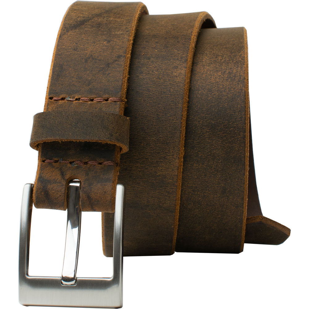 Caraway Mountain Distressed Leather Brown Belt by Nickel Smart. Zinc alloy buckle, brown strap