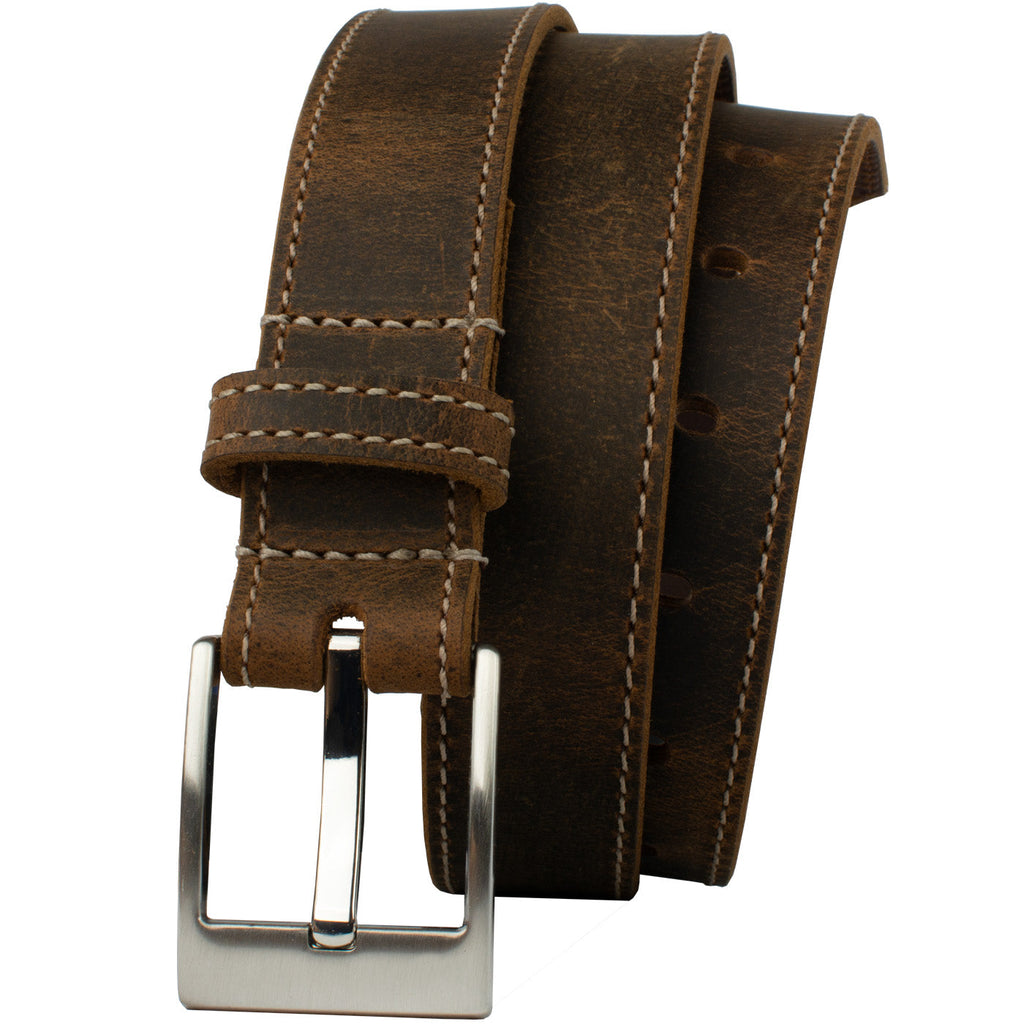 Caraway Mountain Distressed Leather Brown Belt (Stitched) by Nickel Smart. Brown leather belt