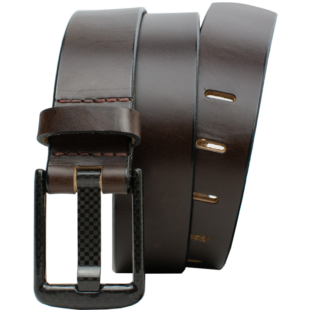 Carbon Fiber Belt with Wide Pin. Brown full grain leather belt. 1.5 inches. No metal. USA Made