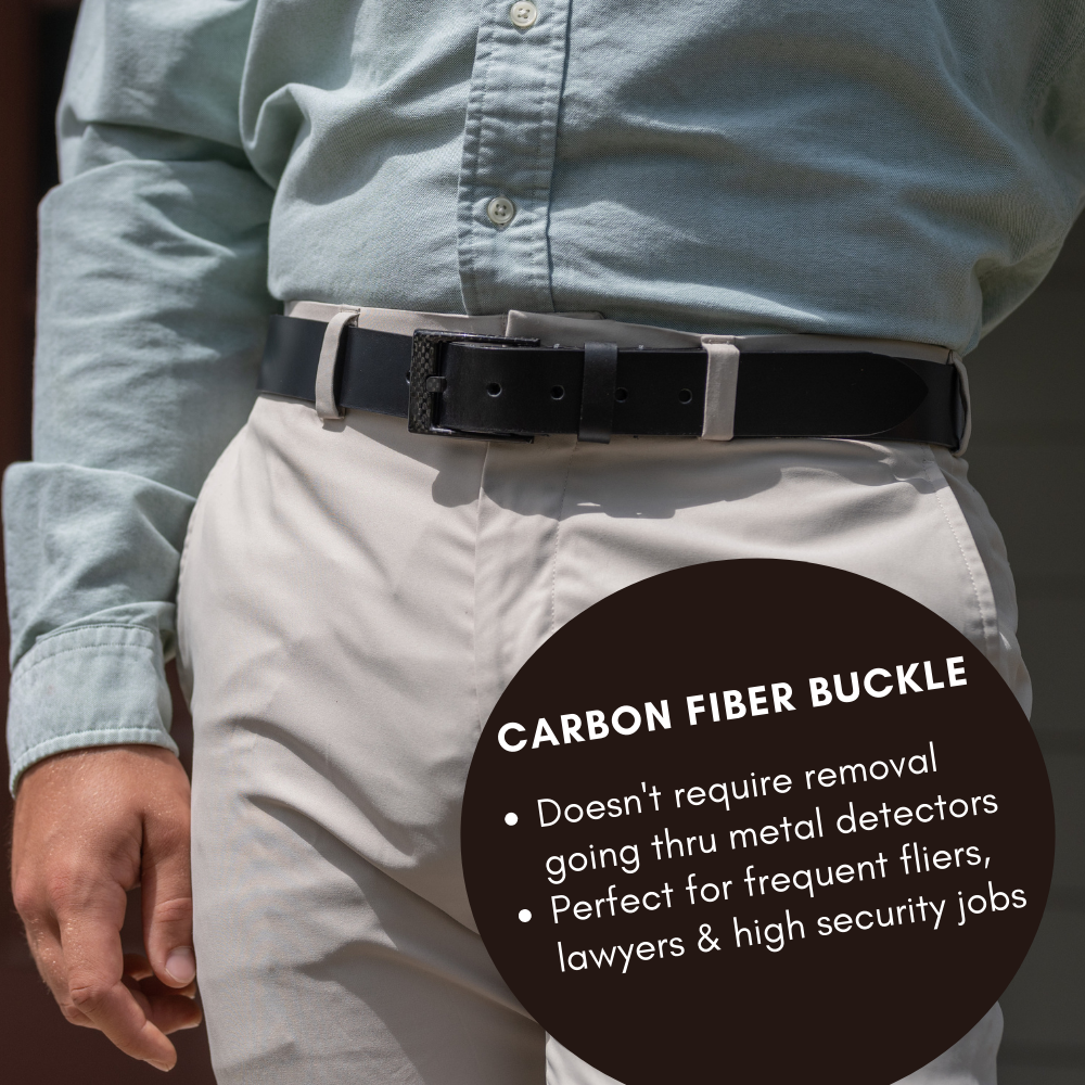 Carbon Fiber buckle doesn't require removal going thru metal detectors. Perfect for lawyers/pilots