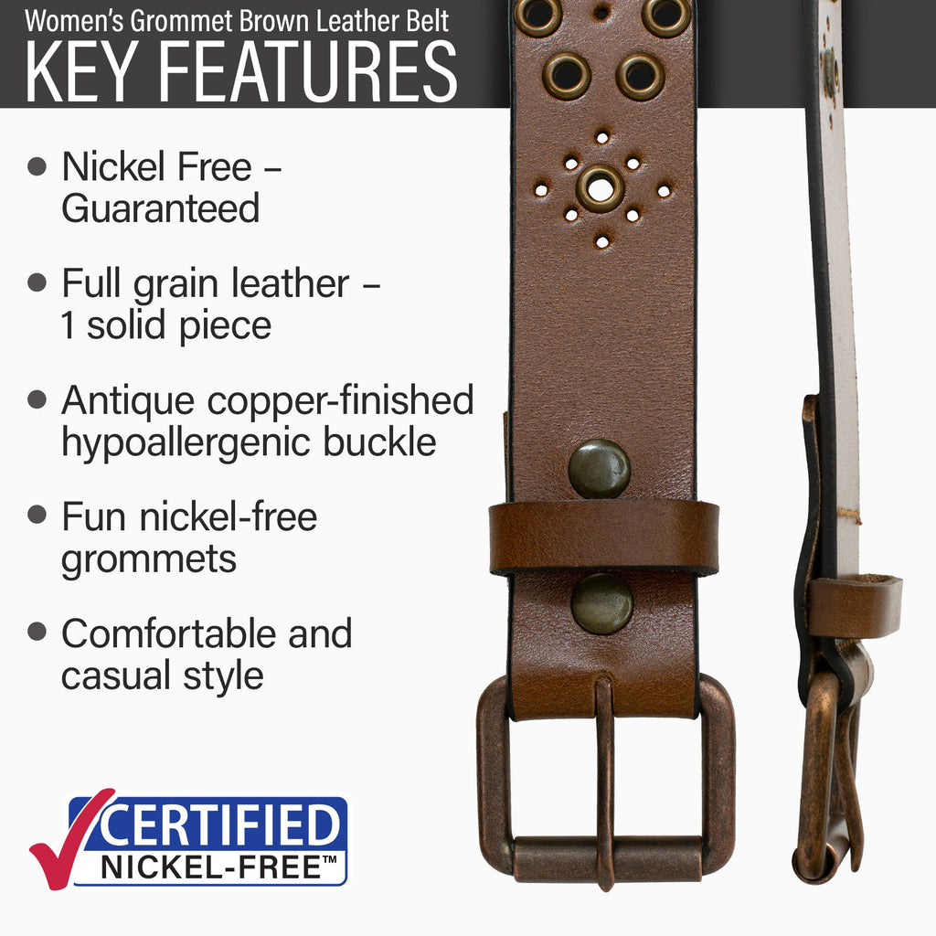 Hypoallergenic nickel-free copper buckle, full grain leather, nickel-free grommets, casual style