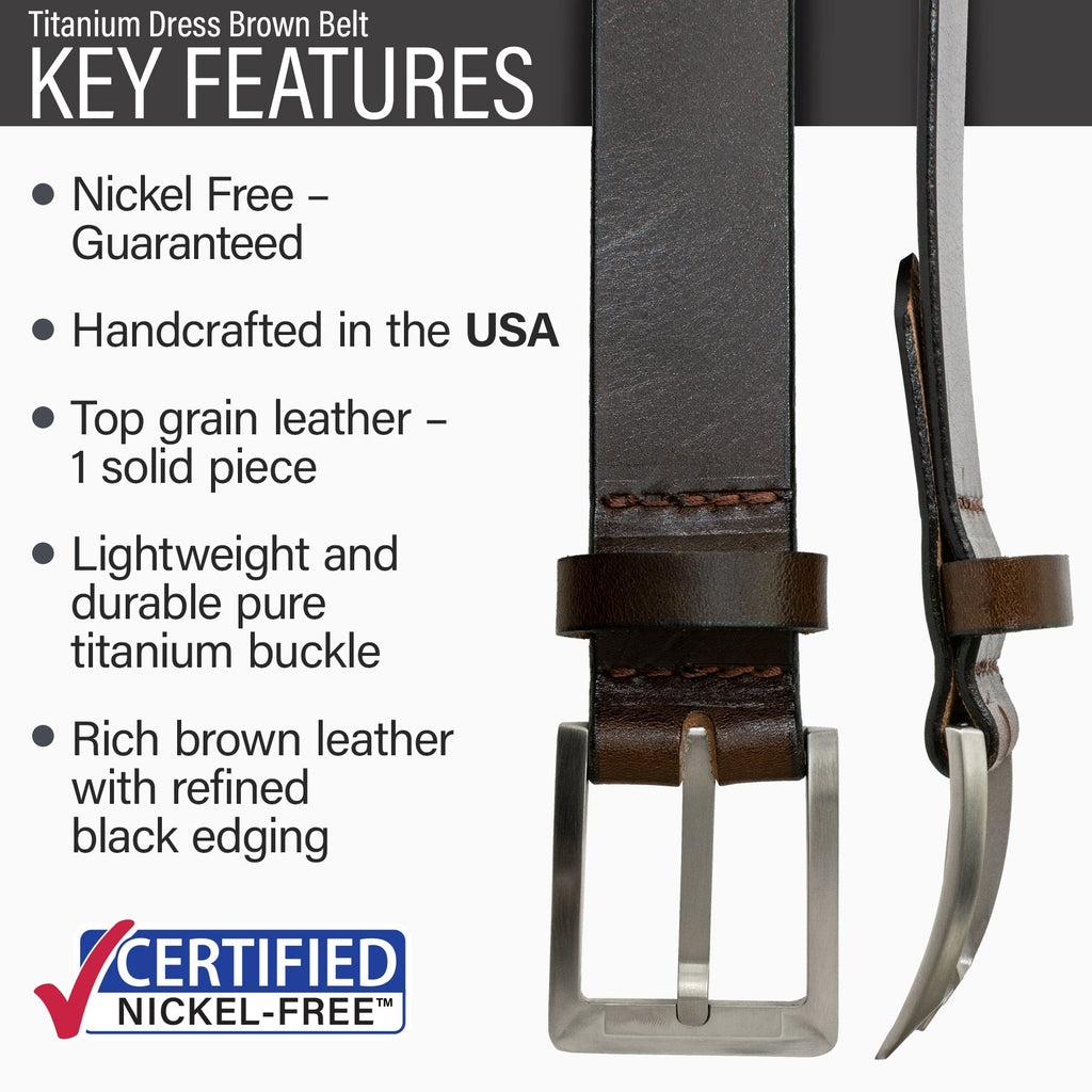 Lightweight durable pure titanium buckle, handmade in the USA, top grain leather, black edging