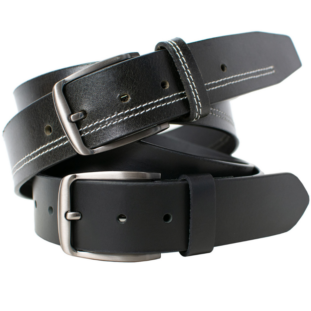 Millennial Black and Black Stitched Leather Belt Set. Silver-tone single prong buckles, zinc alloy.