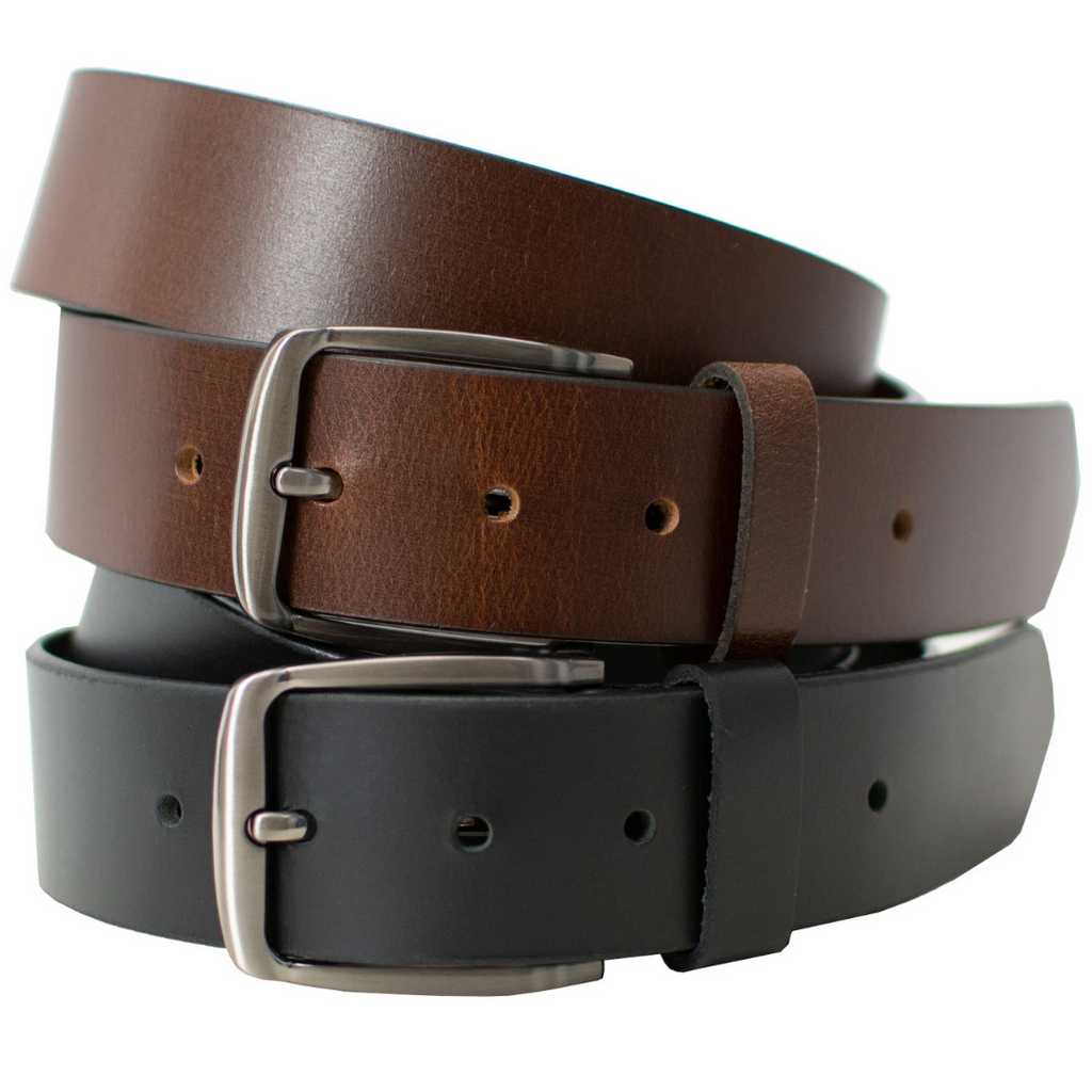 Millennial Black and Brown Leather Belt Set. Glossy black and brown straps with silver-tone buckle.