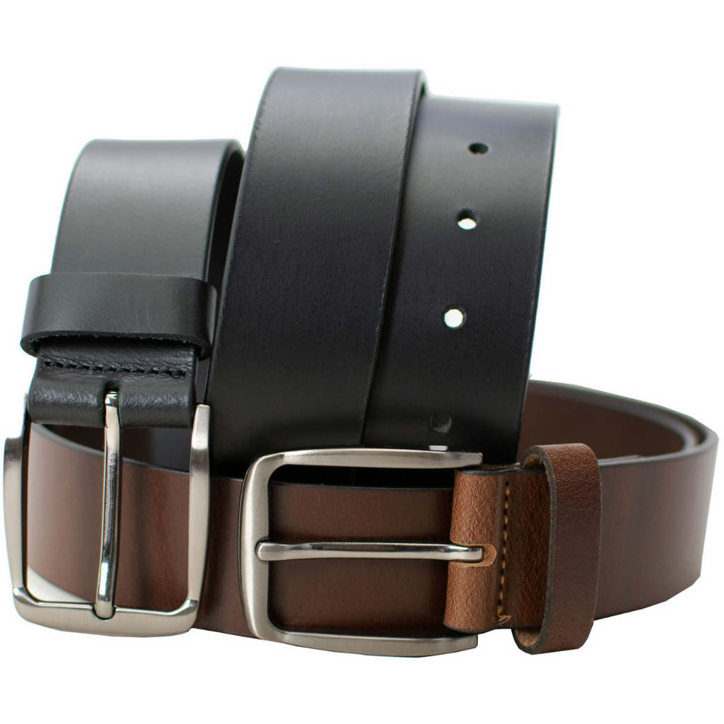 Millennial Black and Brown Leather Belt Set by Nickel Zero. One black belt, one brown belt. 
