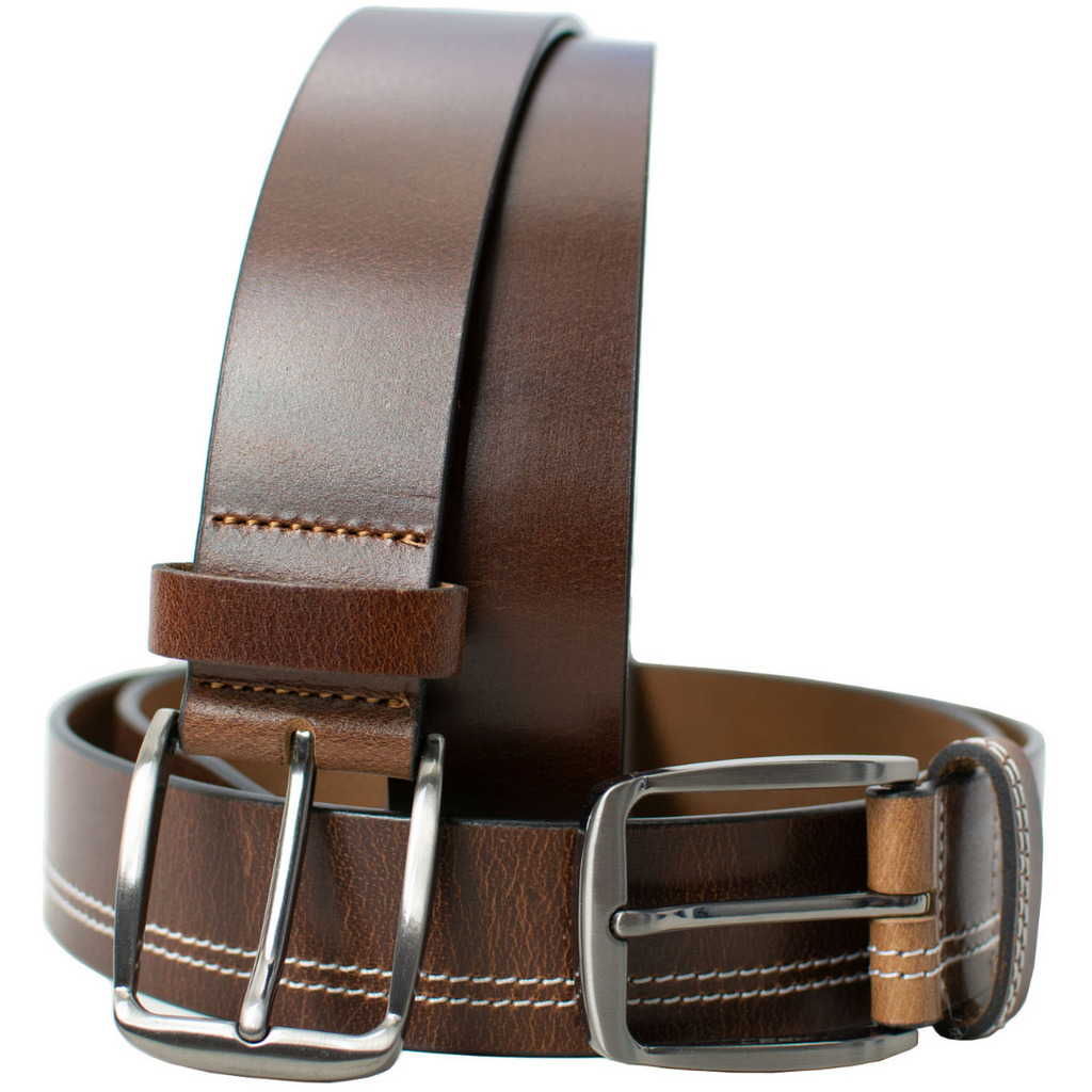 Millennial Brown and Brown Stitched Leather Belt Set. Zinc alloy buckles stitched directly to straps