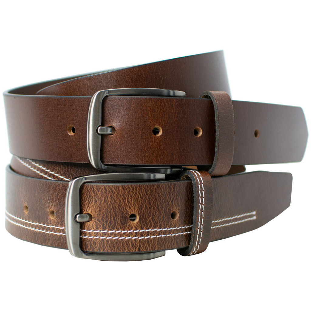 Millennial Brown and Brown Stitched Leather Belt Set. Silver-toned single pin nickel-free buckles.