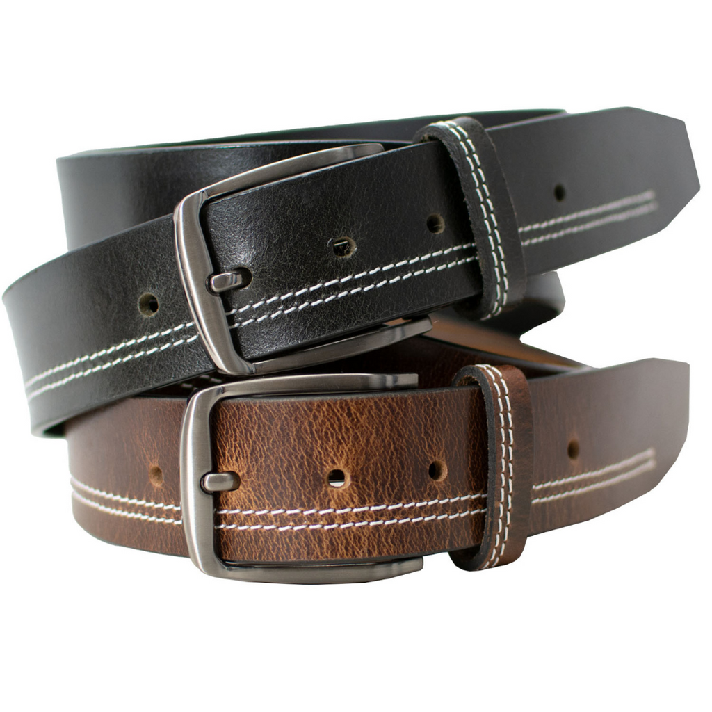 Millennial Stitched Leather Belt Set (Black and Brown). Silver-toned thin zinc alloy buckles.