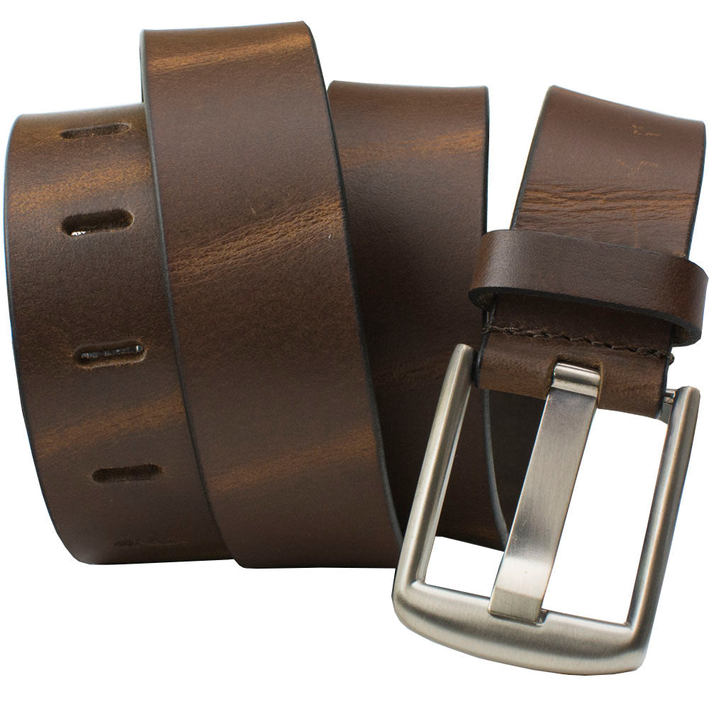 Brown Wide Pin Belt by Nickel Smart. Unique zinc alloy buckle with wide pin, brown full grain strap