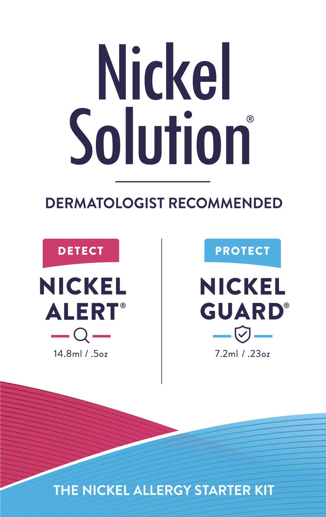 Nickel Solution packaging. Dermatologist recommended. Contains 1 14.8ml bottle of Nickel Alert and 1 7.2ml bottle of Nickel Guard.