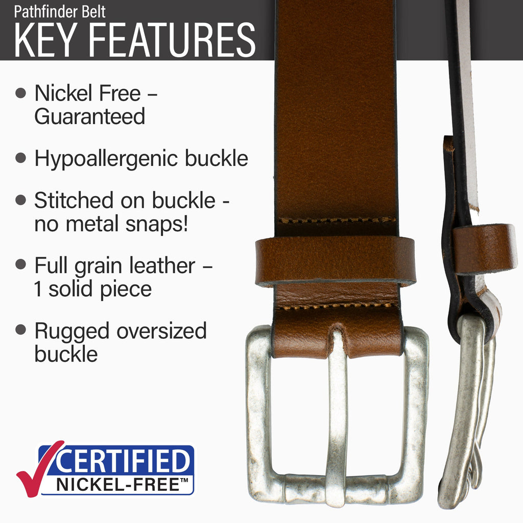Hypoallergenic stitched on buckle, solid piece of full grain leather, rugged oversized buckle