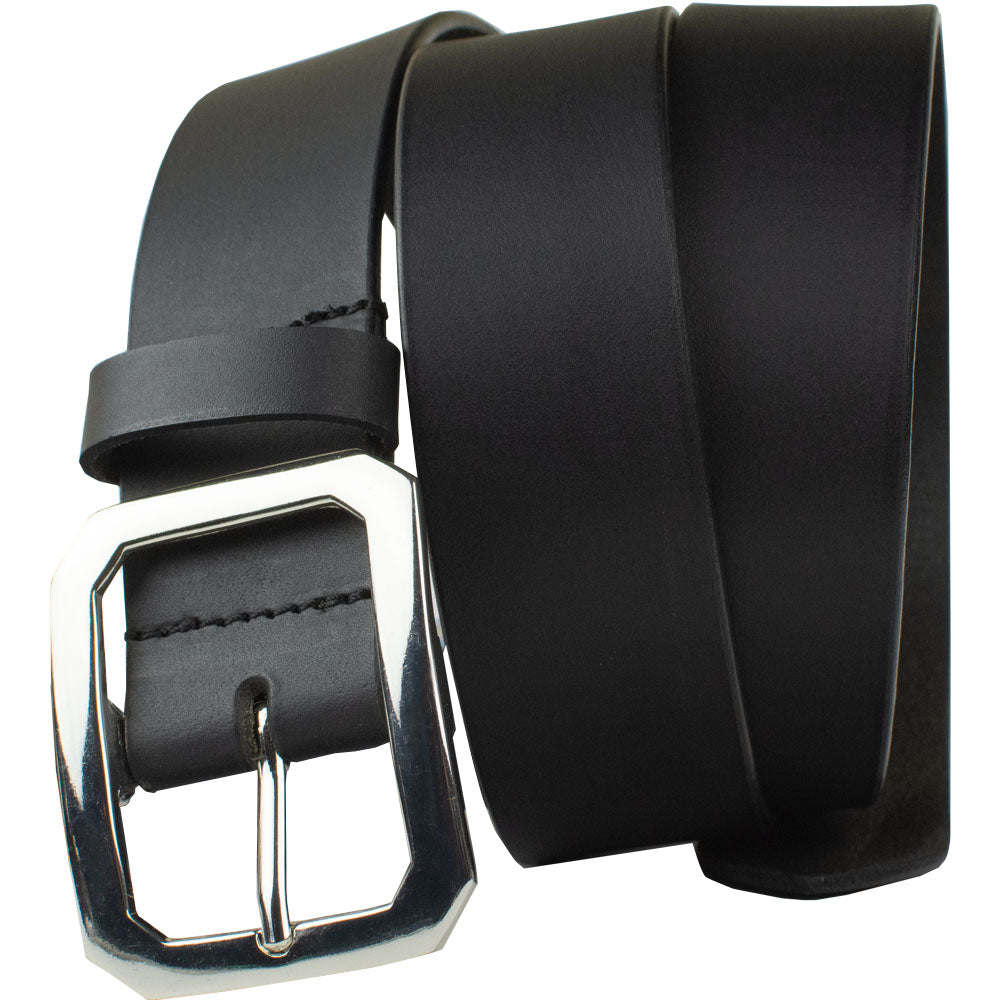 Peacekeeper Belt by Nickel Zero. Sleek black leather strap; shiny silver-tone center bar buckle.