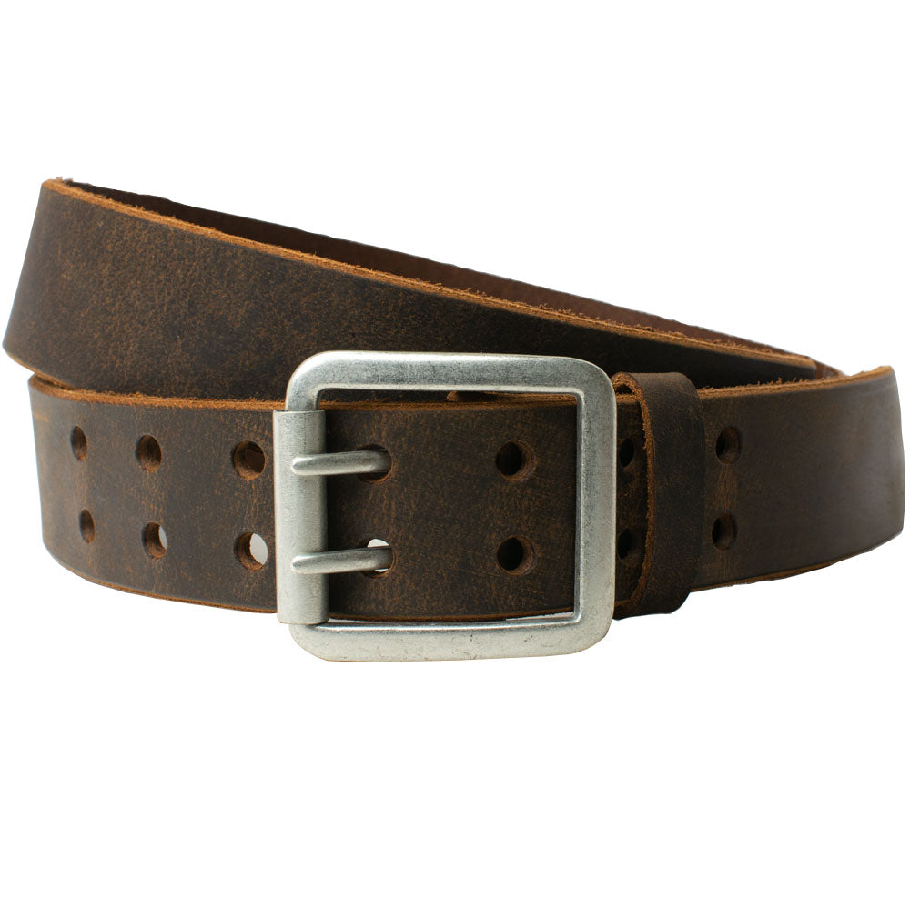 Ridgeline Trail Distressed Leather Belt (Brown). Double pin buckle with roller feature, zinc alloy
