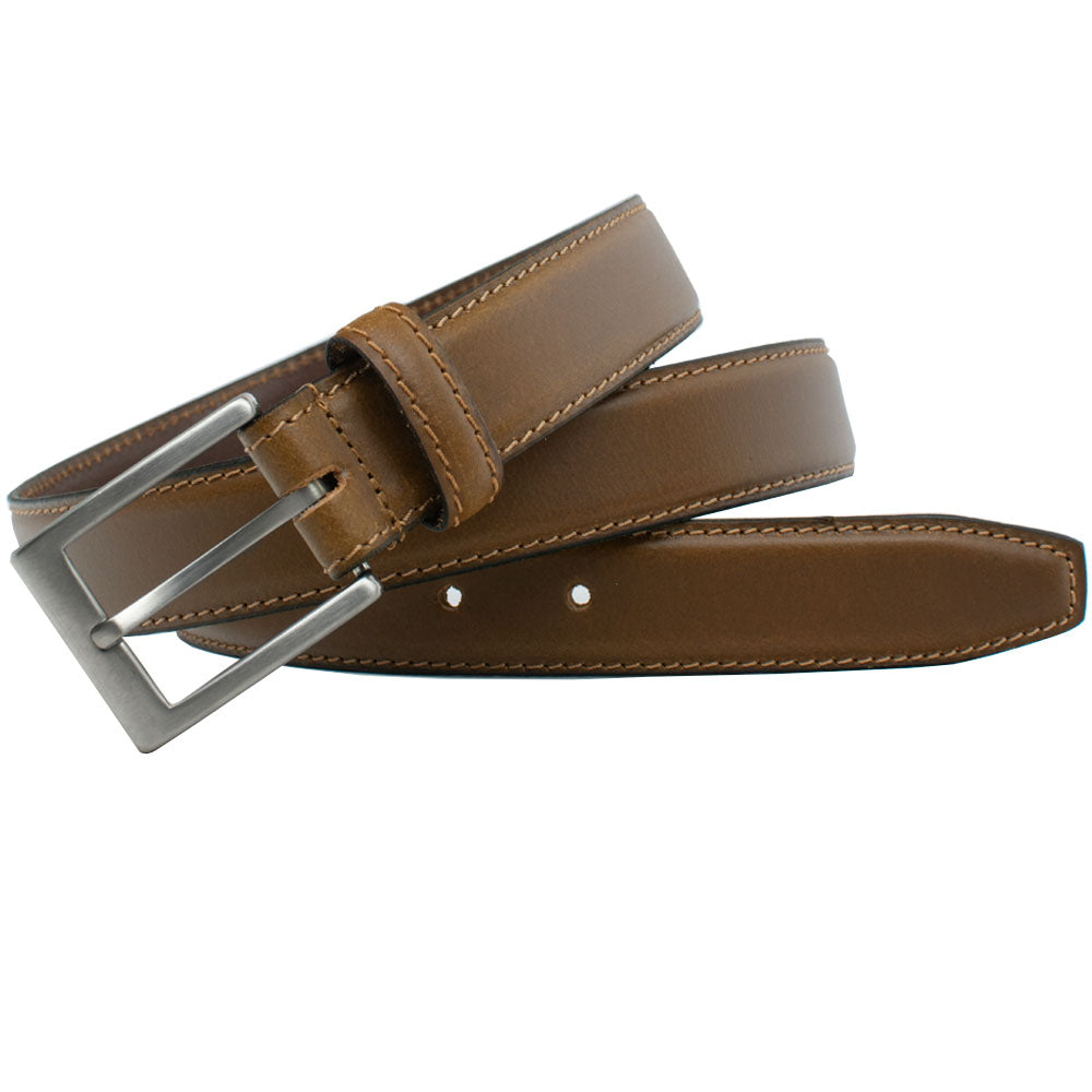 Silver Square Titanium Tan Belt. Hypoallergenic titanium buckle on a tan strap, slightly tapered end