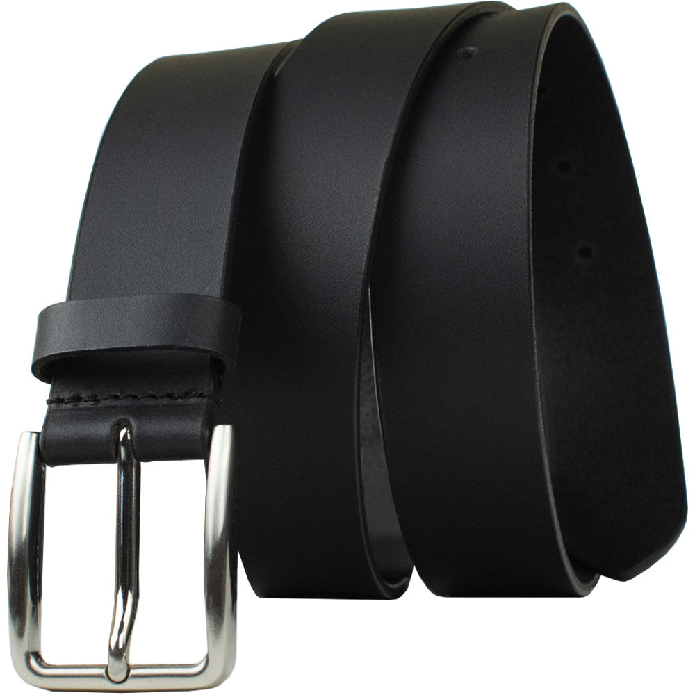 Slick City Belt Black Leather Belt by Nickel Zero. Sleek genuine leather belt with a silver buckle