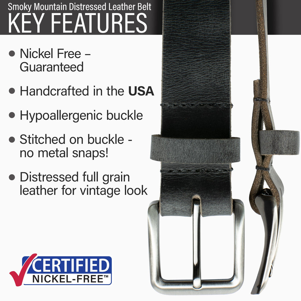 Nickel free, made in USA, hypoallergenic buckle stitched to strap, distressed leather, vintage look