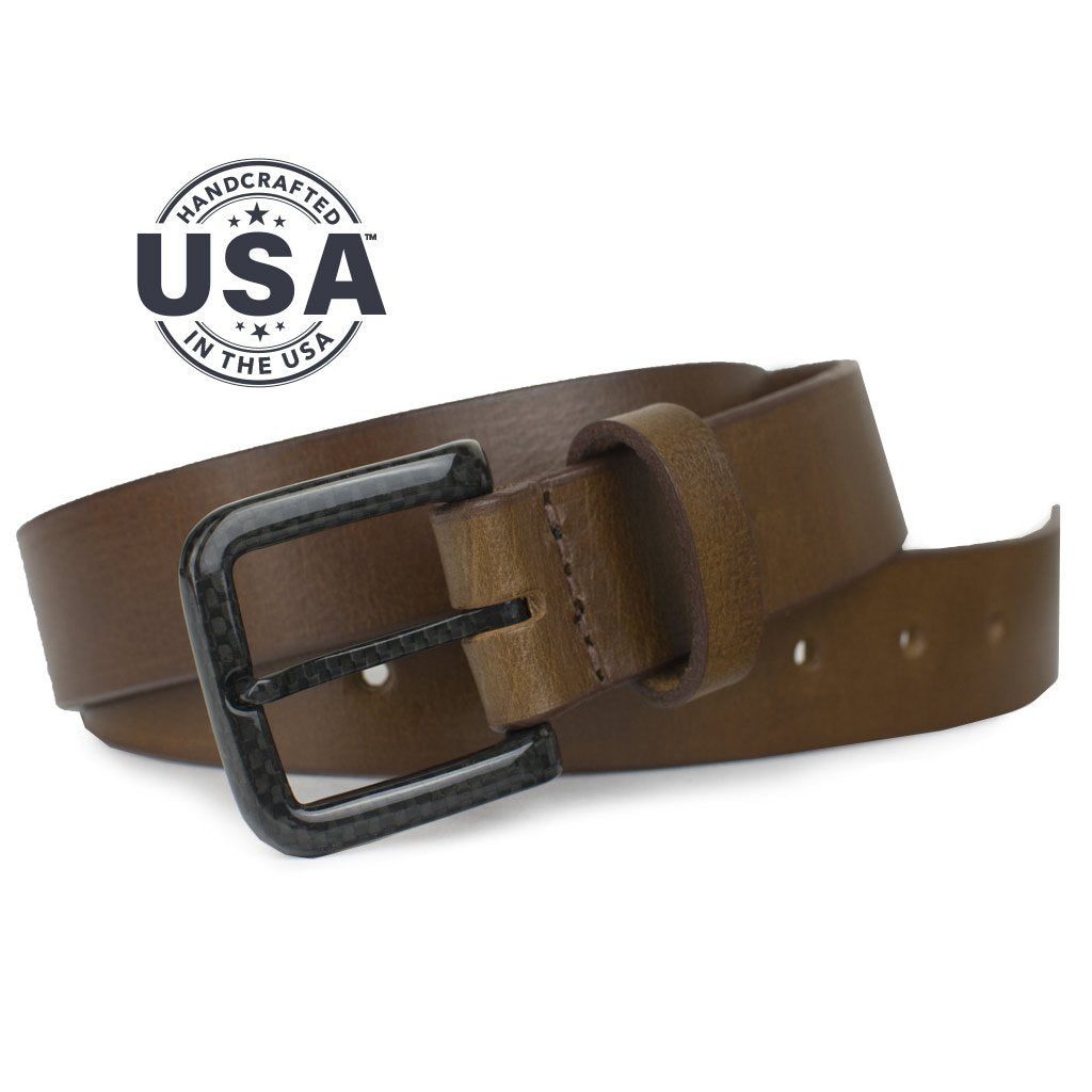 The Specialist Brown Belt by Nickel Smart - black carbon fiber pin buckle, medium brown leather