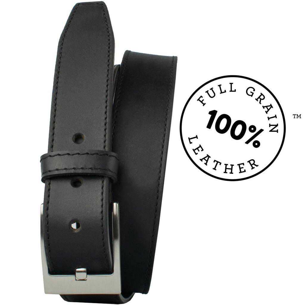 Square Wide Pin Black Belt. 100% Full Grain Leather strap, decorative single-stitch edges