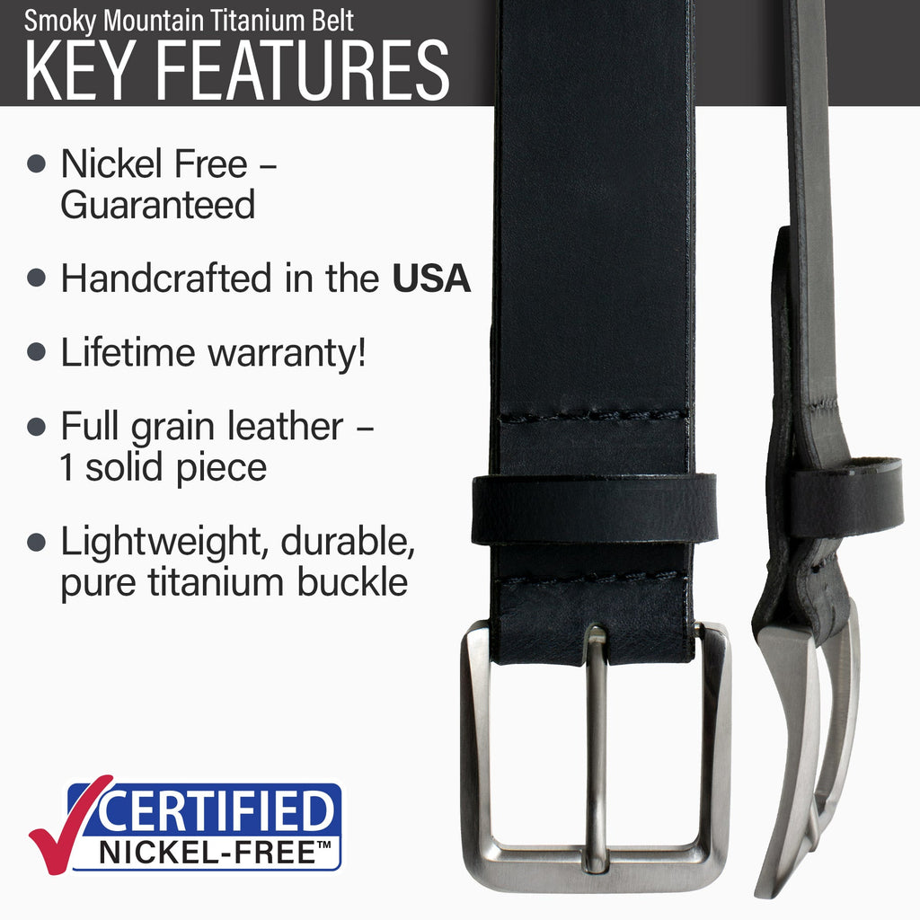 Hypoallergenic lightweight durable Ti buckle, made in USA, lifetime warranty, full grain leather