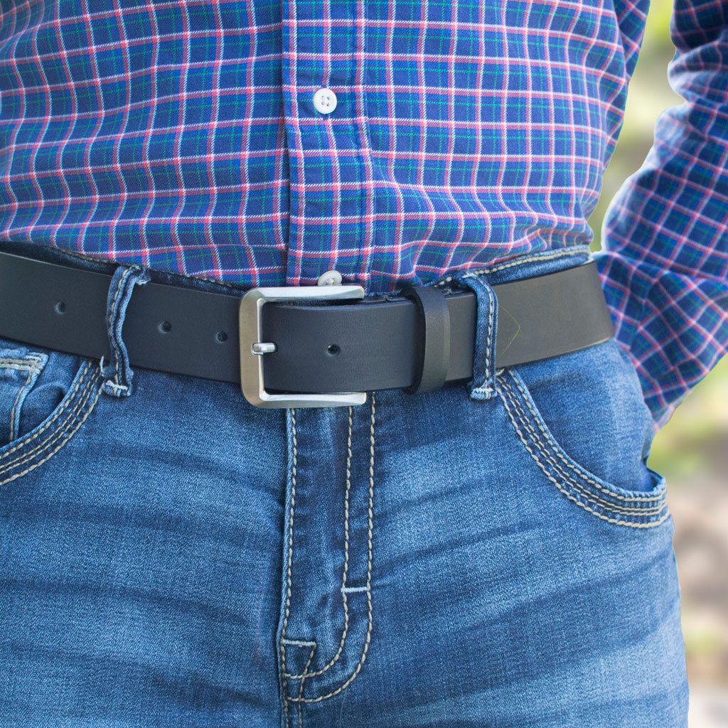 Smoky Mountain Titanium Belt on a male model. Strong buckle,  1.5 inch durable strap