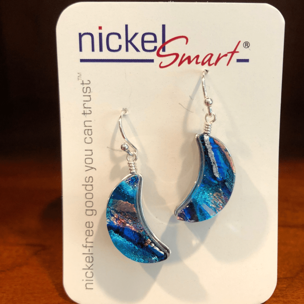 Blue Moon Dichroic Glass Earrings. 1.5 inches long. Nickel Free and Hypoallergenic. Main color-blue.