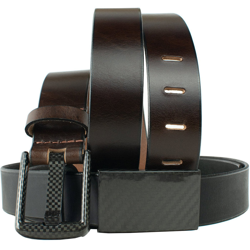 Zero Metal Belt Set By Nickel Smart.  Black and Brown leather belts with carbon fiber buckles.