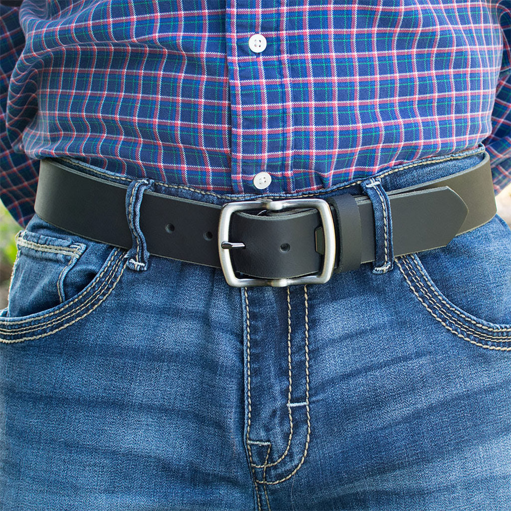 Cold Mountain Belt. Black with Gray Buckle. Hypoallergenic, casual belt for men. Solid black strap