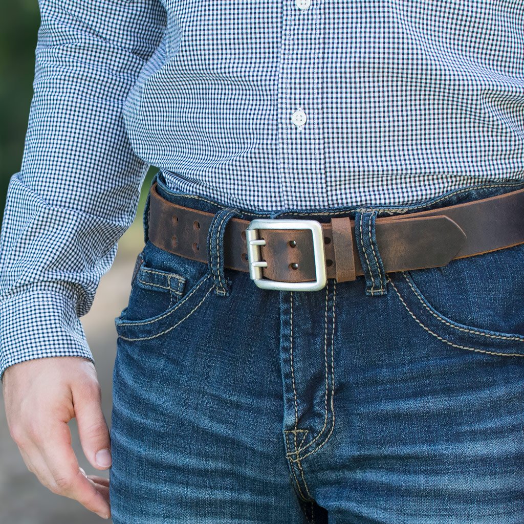 Ridgeline Trail Belt Set. Brown belt on model. Distressed leather is perfect for causal jeans