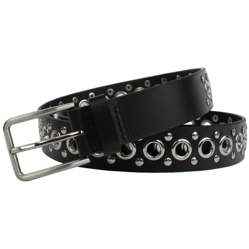 Black Studded Belt V.3. Thin rectangular zinc alloy buckle, curved edges, single pin. Nickel free.