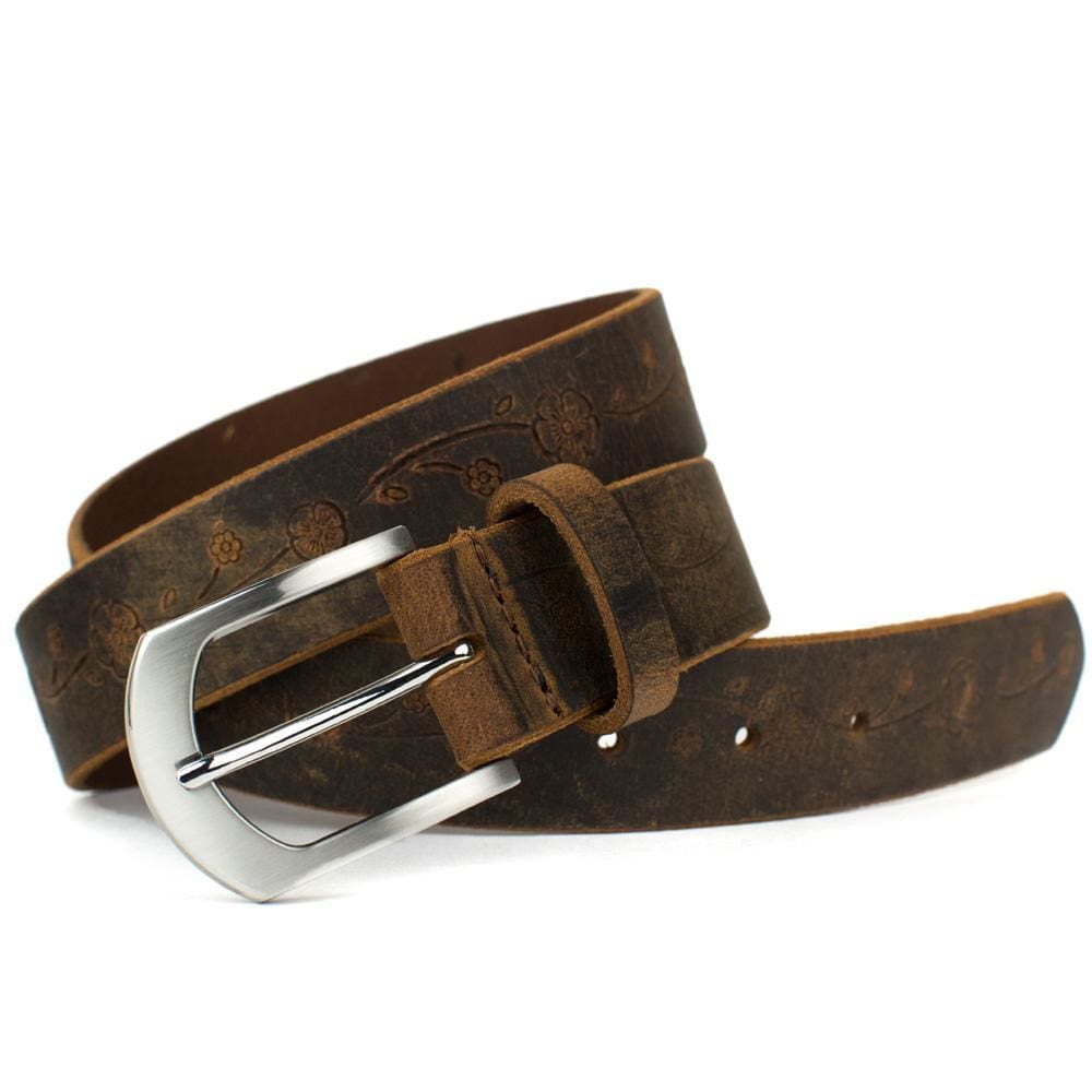 Distressed Rose Belt II by Nickel Smart. Silver-tone arch buckle, embossed distressed leather strap