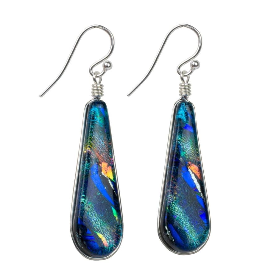 Rainbow Blue Dichroic Glass Earrings. Slender Tear drop design. Firewater Falls Earrings 