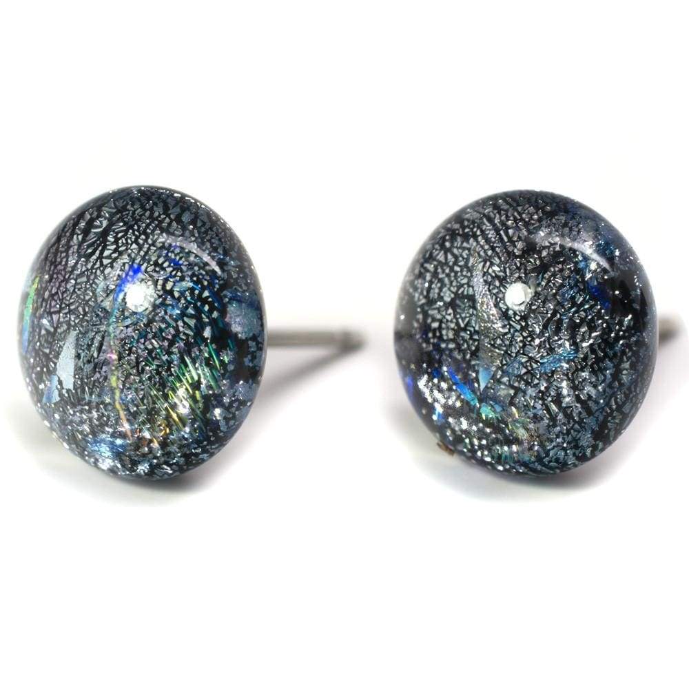 Silver dichroic glass with blues, blacks and greens. Galaxy Quest Earrings. nickel free post