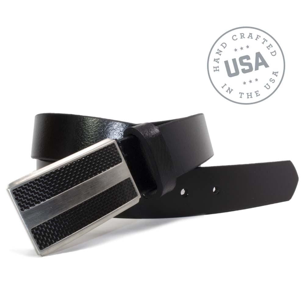 Made in USA full grain black strap with a futuristic titanium buckle and carbon fiber accents
