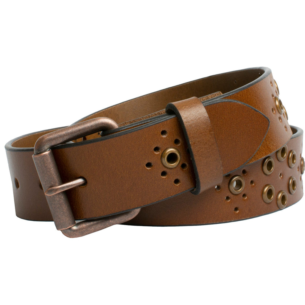 Women's Grommet Brown Leather Belt by Nickel Smart. Brown strap, black edges, copper-tone buckle