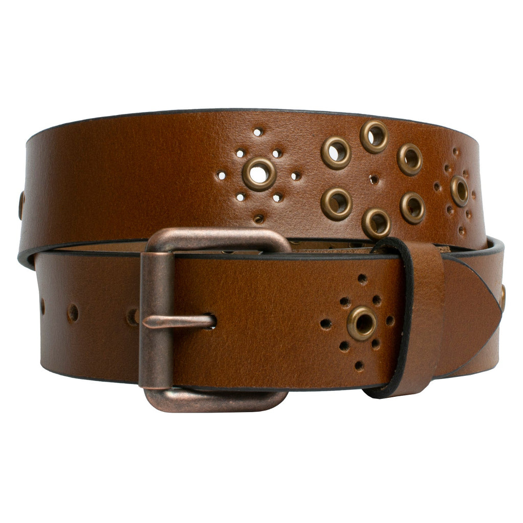 Women's Grommet Brown Leather Belt. Copper-tone buckle is narrow and features a roller