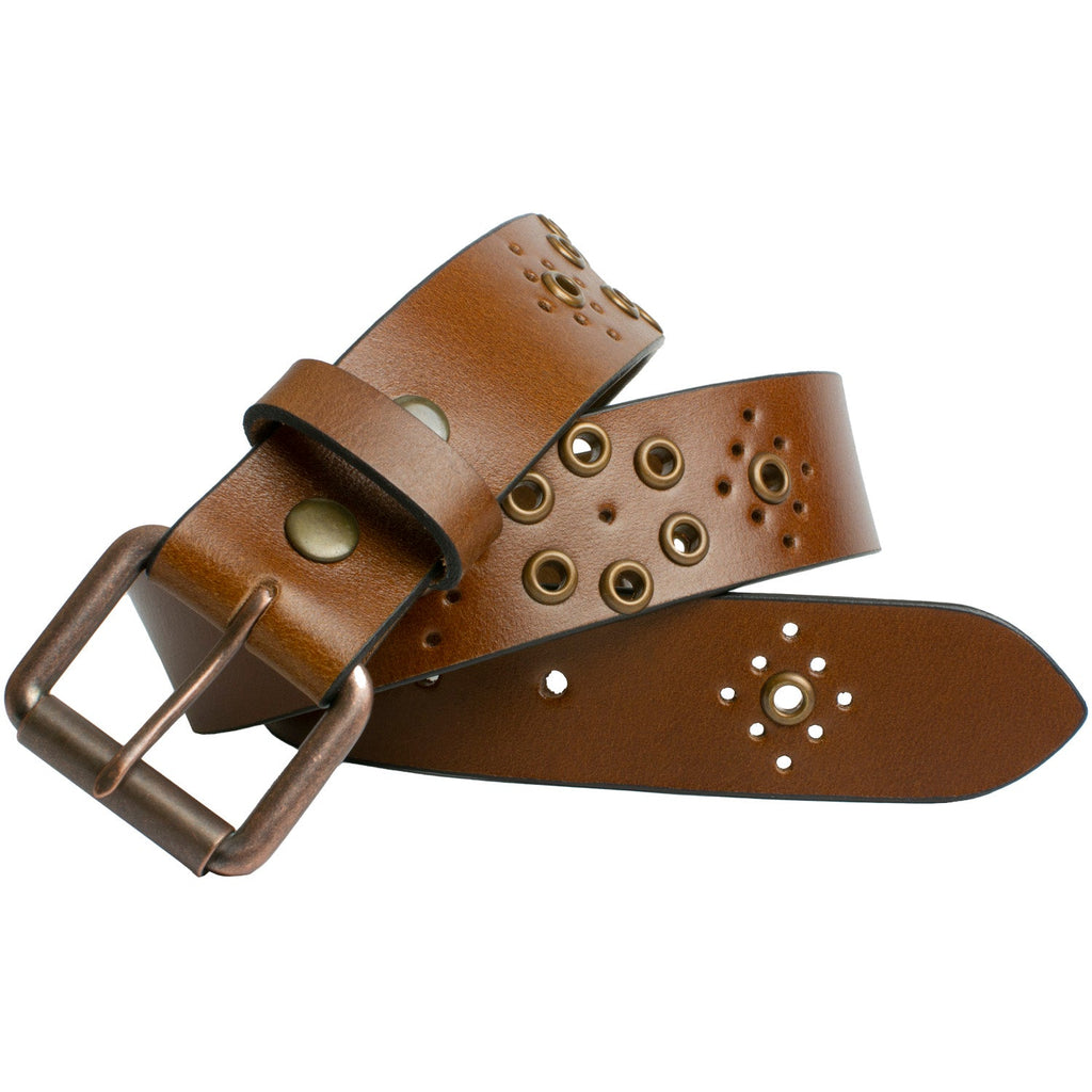 Women's Grommet Brown Leather Belt. Antiqued grommets and nickel-free buckle for style