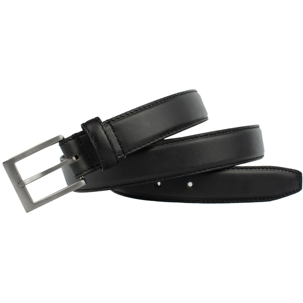 Silver Square Titanium Black Belt. Black dress belt, slightly raised center and single-stitch edges