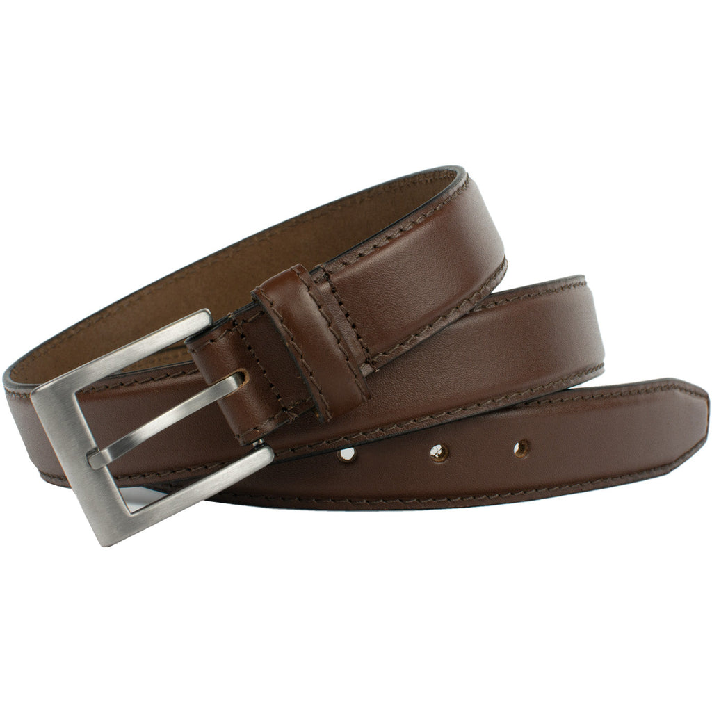 Silver Square Brown Titanium Belt. Single-stitch edges with subtle taper at the end, nickel-free
